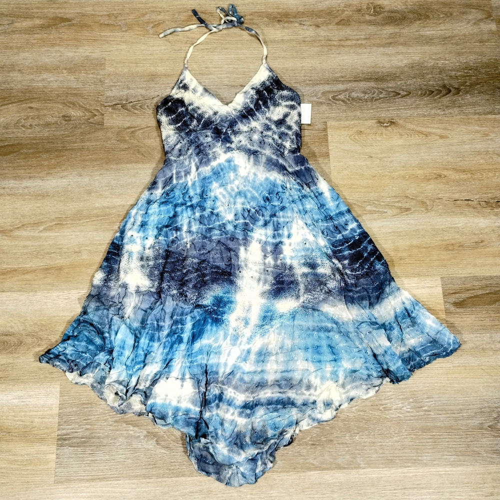 Vintage Boho Fairycore Summer Midi Dress Small Blue White Tie Dye Festival Ready